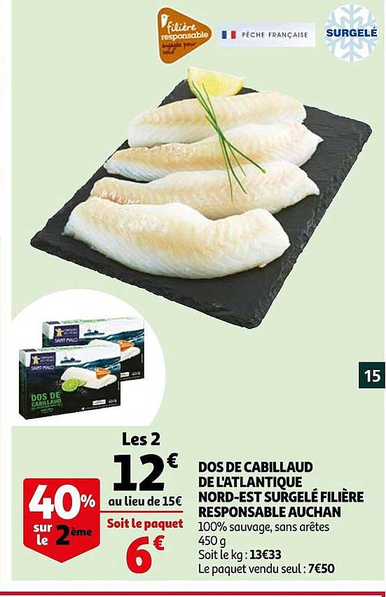 dos de cabillaud de l'atlantique nord-est surgelé filière responsable auchan
