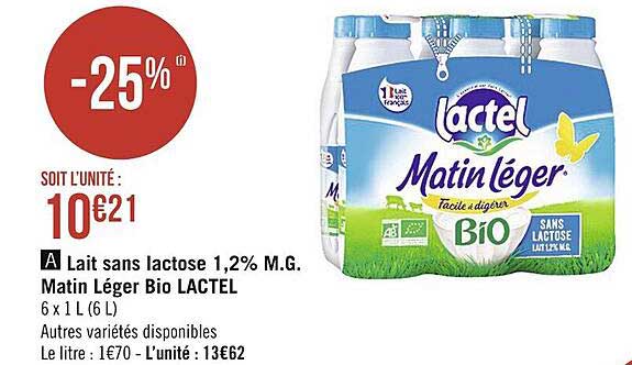 lait sans lactose 1,2% m.g. matin léger bio lactel