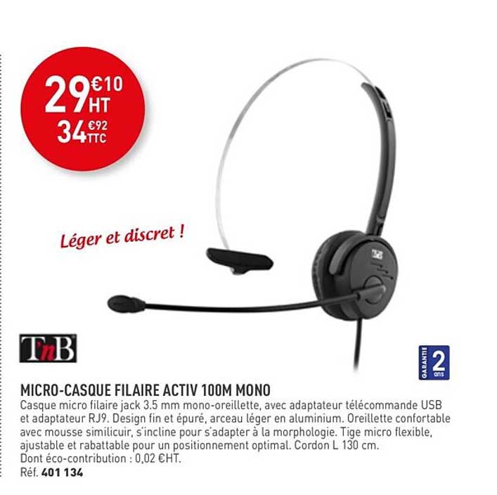 micro-casque filaire activ 100m mono t'nb