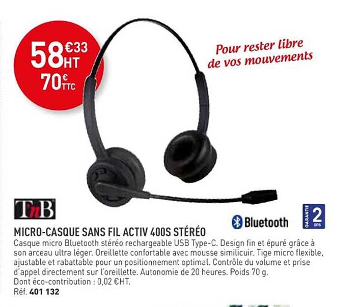 micro-casque sans fil activ 400s stéréo t'nb