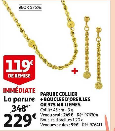 parure collier + boucles d'oreilles or 375 millièmes