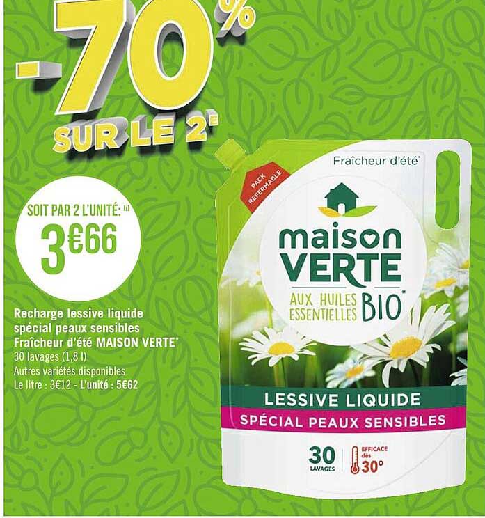 recharge lessive liquide spécial peaux sensibles fraîcheur d'été maison verte