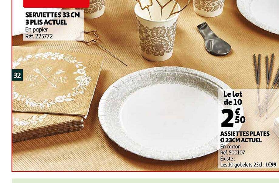 serviettes 33 cm 3 plis actuel, assiettes plates ø 23 cm actuel