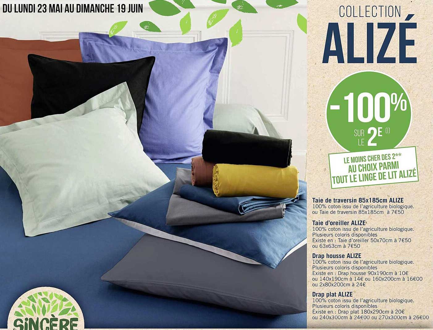 taie de traversin 85 x 185 alizé, taie d'oreiller alizé, drap housse alizé, drap plat alizé