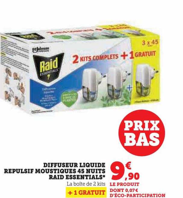 diffuseur liquide répulsif moustiques 45 nuits raid essentials