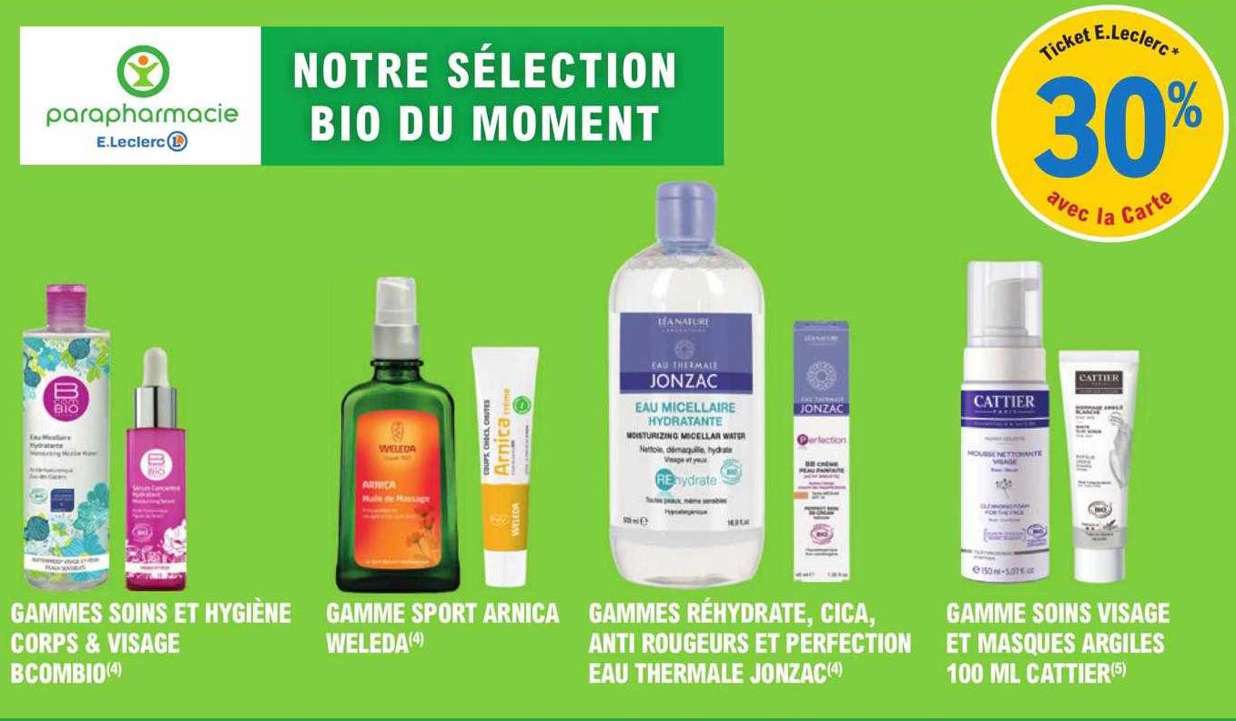 gammes soins et hygiène corps & visage bcombio, gamme sport arnica weleda, gammes réhydrate, cica, anti rougeurs et perfection eau thermale jonzac, gamme soins visage et masques argiles 100ml cattier