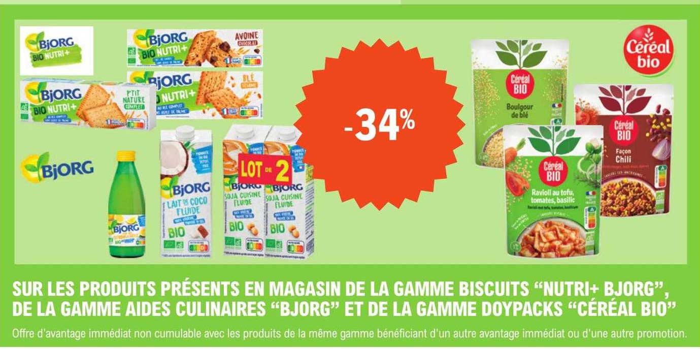 la gamme biscuits "nutri+ bjorg", la gamme aides culinaires "bjorg" et la gamme doypacks "céréal bio"