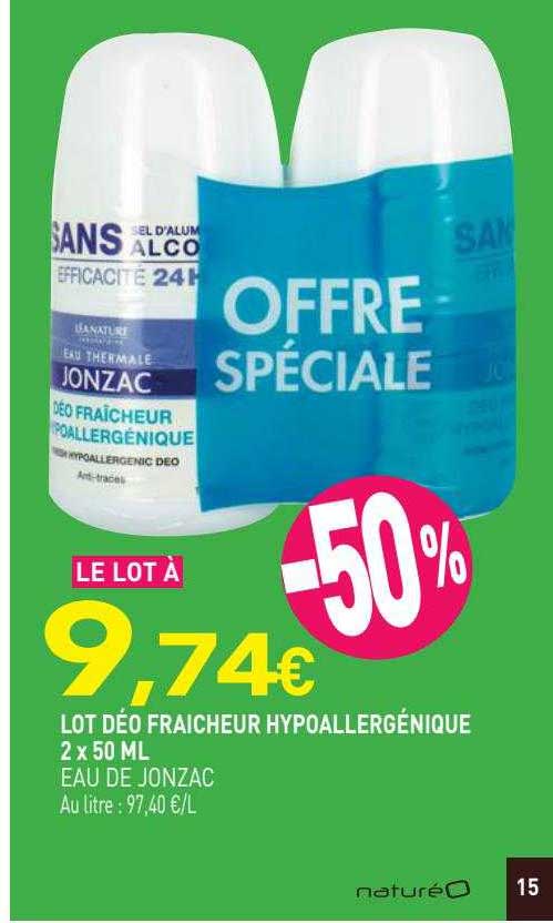 lot déo fraîcheur hypoallergénique eau de jonzac 2 x 50ml