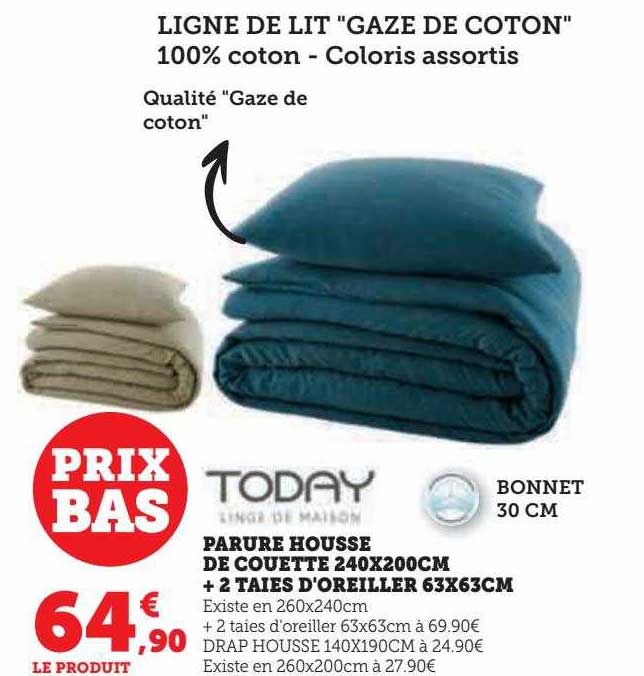 parure housse de couette 240 x 220 cm + 2 taies d'oreiller 63 x 63 cm today