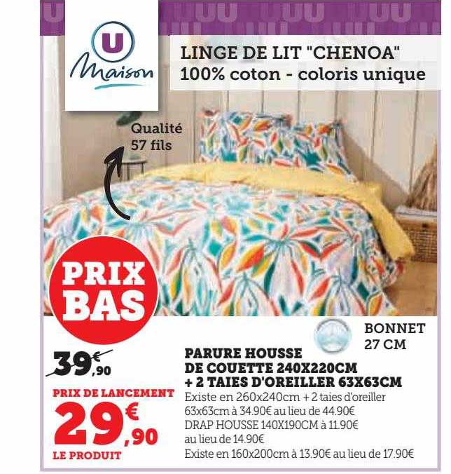 parure housse de couette 240 x 220 cm + 2 taies d'oreiller 63 x 63 cm u maison