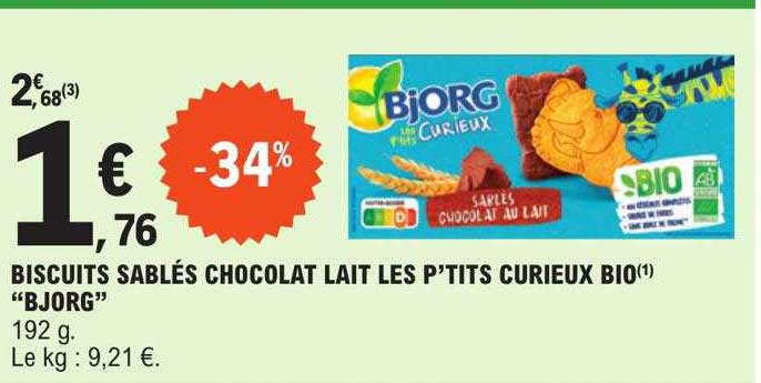 biscuits sablés chocolat lait les p'tits curieux bio "bjorg"