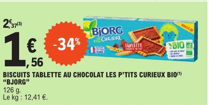 biscuits tablette au chocolat les p'tits curieux bio "bjorg"