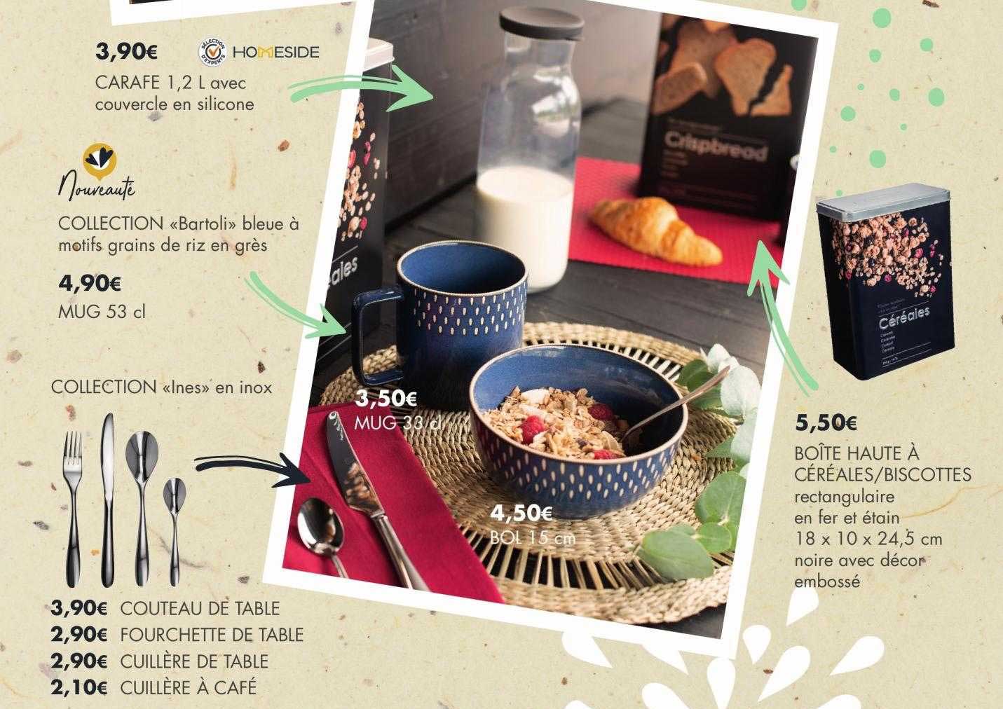 carafe 1,2l avec couvercle en silicone, collection «bartoli» bleue à motifs grains de riz en grès, mug 53 cl, collection «ines» en inox, boîte haute à céréales-biscottes rectangulaire en fer et étain