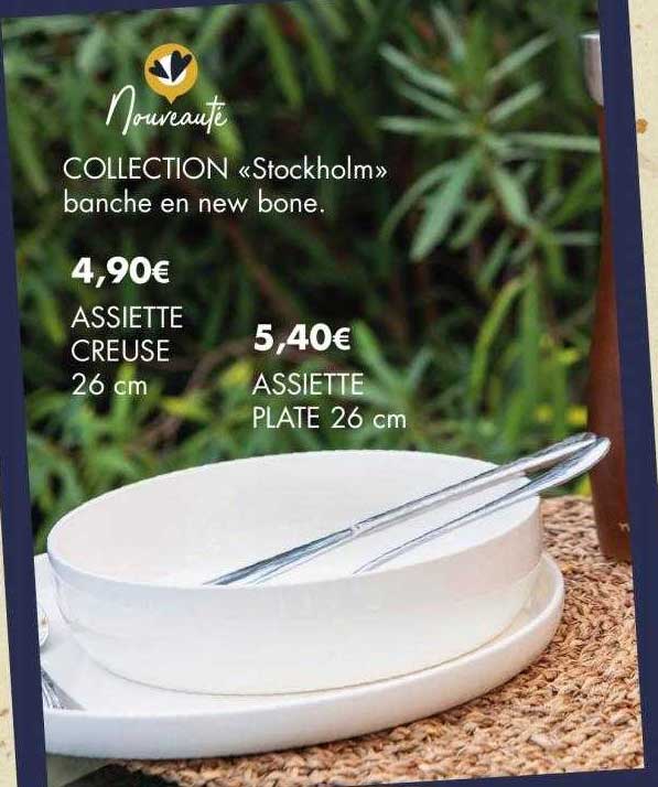 collection «stockholm» banche en new bone, assiette creusé 26 cm, assiette plate 26 cm