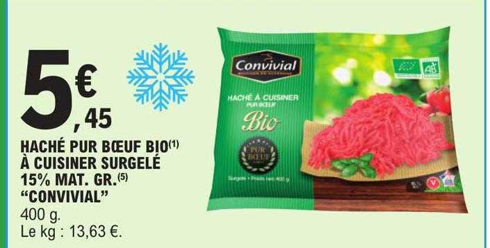 haché pur bœuf bio à cuisiner surgelé 15% mat.gr. "convivial"