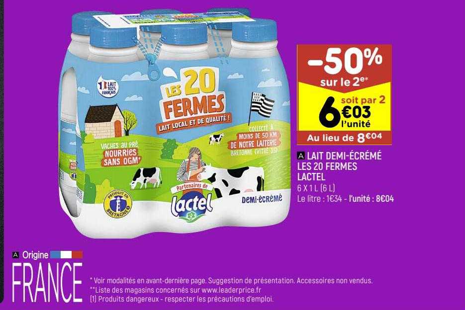 lait demi-écrémé les 20 fermes lactel