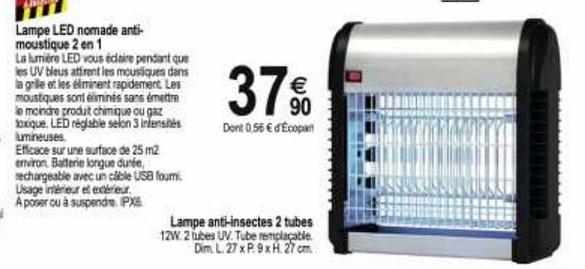 lampe led nomade anti-moustique 2 en 1, lampe anti-insectes 2 tubes