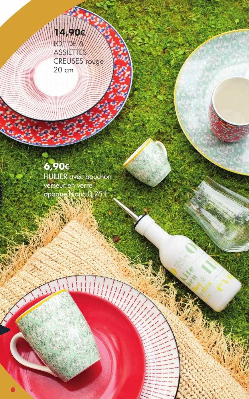 lot de 6 assiettes creusés rouge 20 cm, huilier avec bouchon verseur en verre opaque blanc 0,25 cl