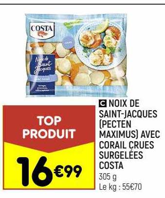 noix de saint-jacques (pecten maximus) avec corail crues surgelées costa