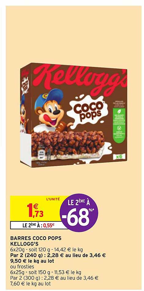 barres coco pops kellogg's le 2ème à -68%