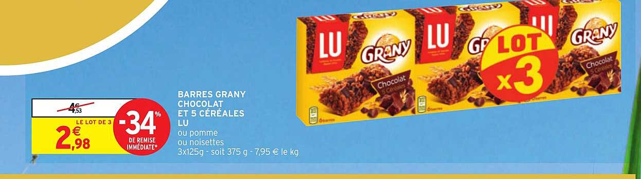 barres grany chocolat et 5 céréales lu -34% de remise immédiate