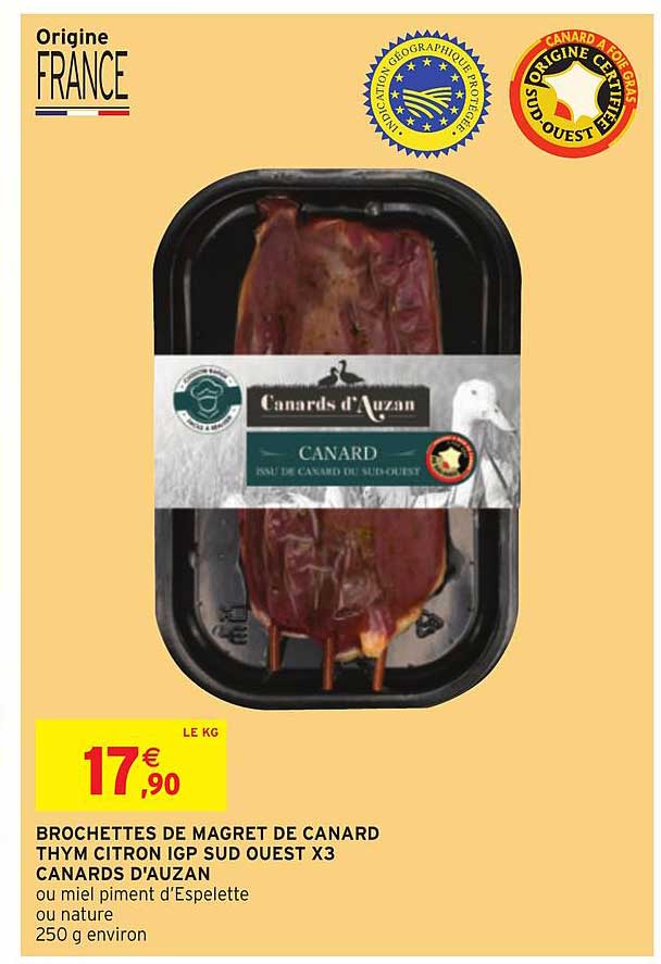 brochettes de magret de canard thym citron igp sud ouest x3 canards d'auzan