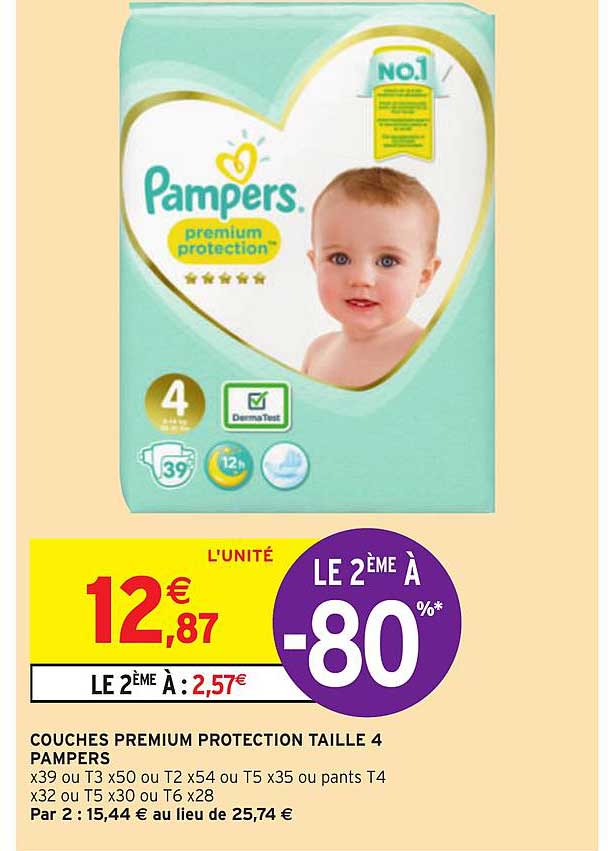 Couches Premium Protection Taille 4 Pampers Le 2ème à -80%