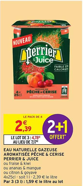 Eau Naturelle Gazeuse Aromatisée Pêche & Cerise Perrier & Juice 2+1 Offert
