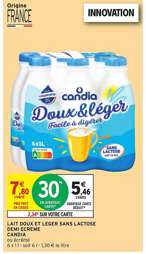 lait doux et leger sans lactose demi écrémé candia