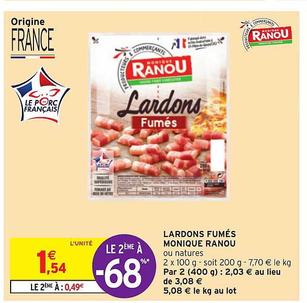 lardons fumés monique ranou le 2ème à -68%