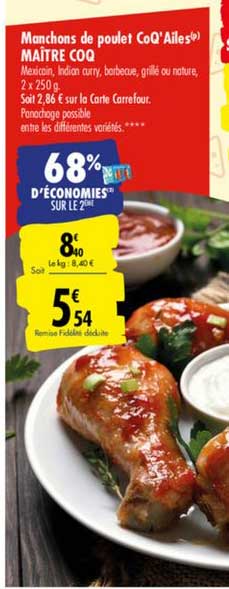 manchons de poulet coq'ailes maître coq 68% d'économies sur le 2ème