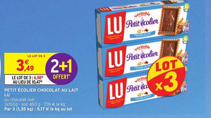 Petit écolier Chocolat Au Lait Lu 2+1 Offert