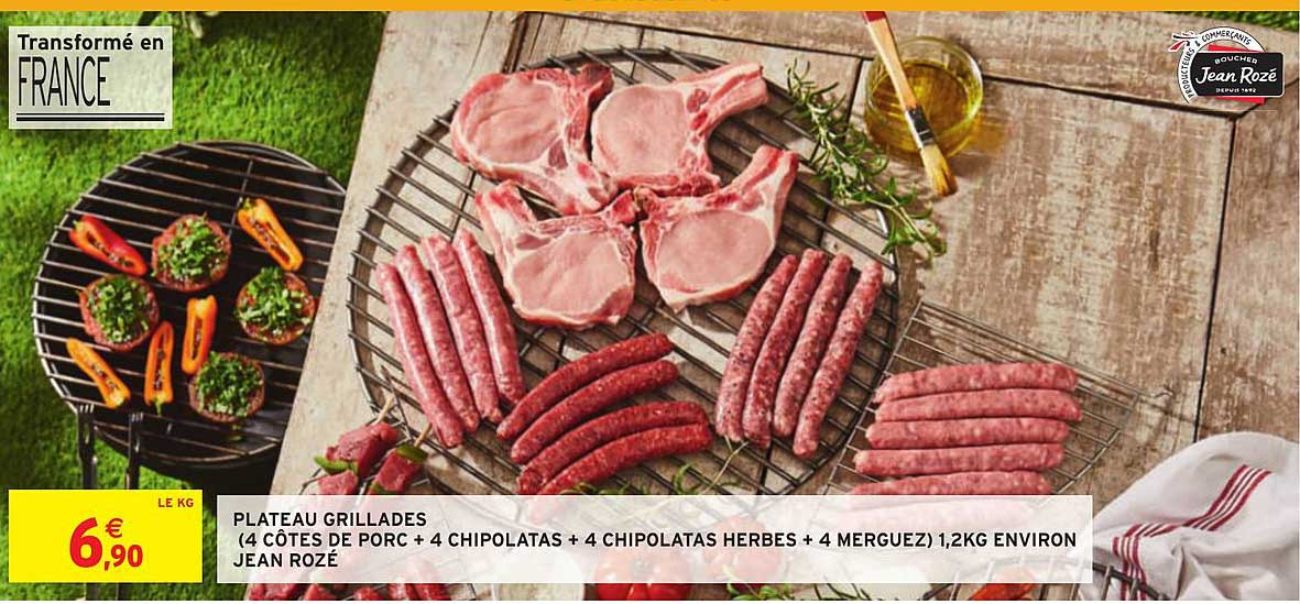 plateau grillades (4 côtes de porc + 4 chipolats + 4 chipolats herbes + 4 merguez) 1.2 kg environ jean rozé