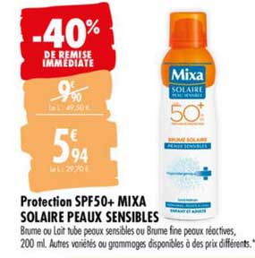 protection spf50+mixa solaire peaux sensibles -40% de remise immédiate
