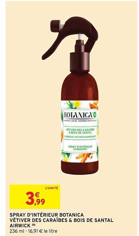 spray d'intérieur botanica vétiver des caraïbes & bois de santal airwick
