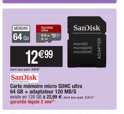 carte mémoire micro sdhc ultra 64 gb + adaptateur 120 mb-s sandisk