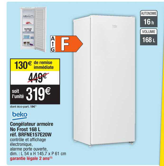 congélateur armoire no frost 168 l beko réf. brfne157e20w