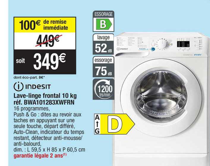 lave-linge frontal 10 kg indesit réf. bwa101283xwfrn