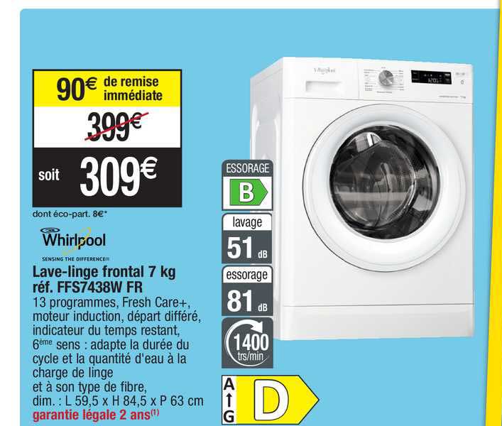 lave-linge frontal 7 kg whirlpool réf. ffs7438w fr