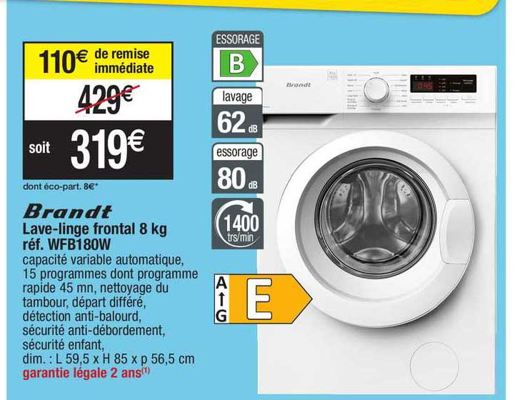 lave-linge frontal 8 kg brandt réf. wfb180w