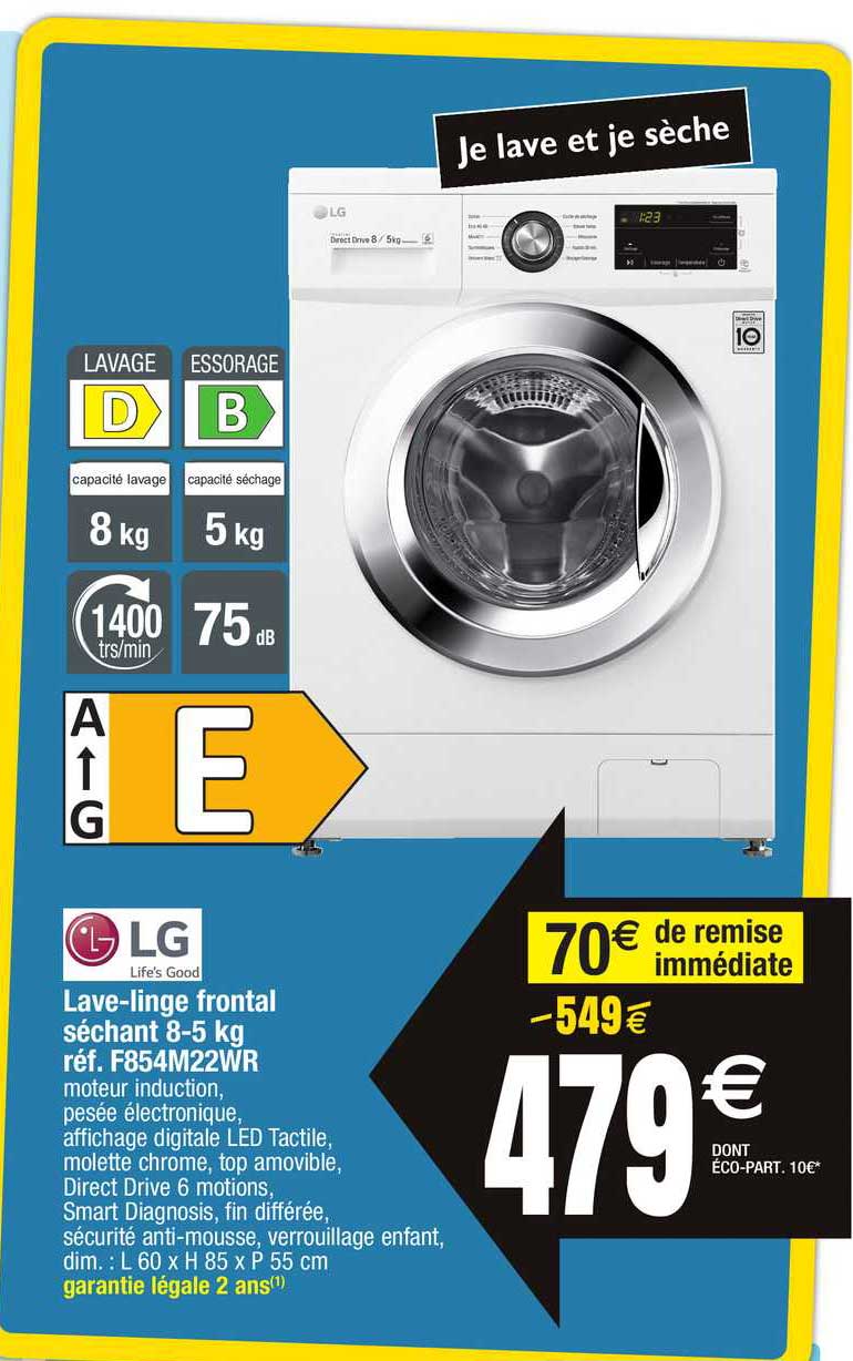 lave-linge frontal séchant lg 8-5kg réf. f854m22wr