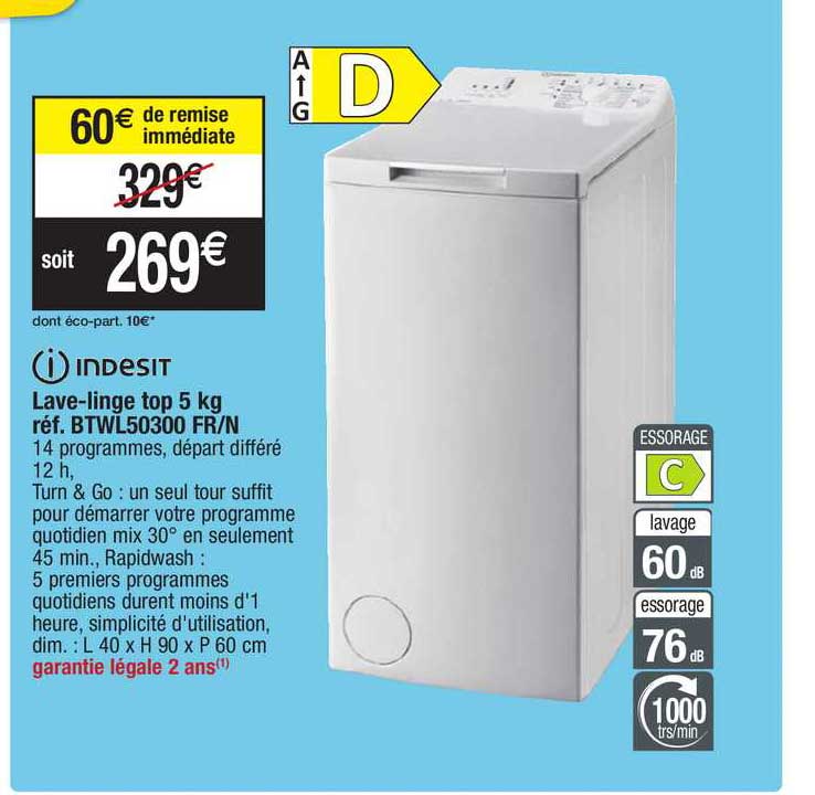 lave-linge top 5 kg indesit réf. btwl50300 fr-n