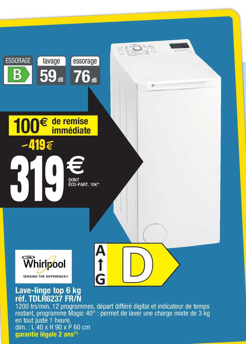 lave-linge top 6 kg réf. tdlr6237 fr-n whirlpool