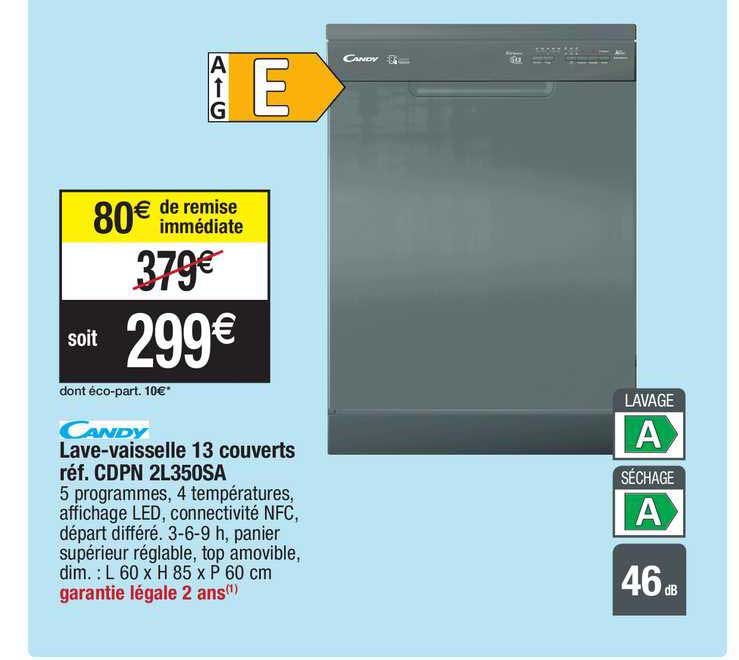 lave-vaisselle 13 couverts candy réf. cdpn 2l350sa
