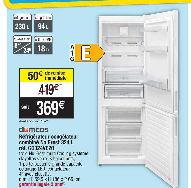 réfrigérateur congélateur combiné no frost 324 l doméos réf. co324ve20