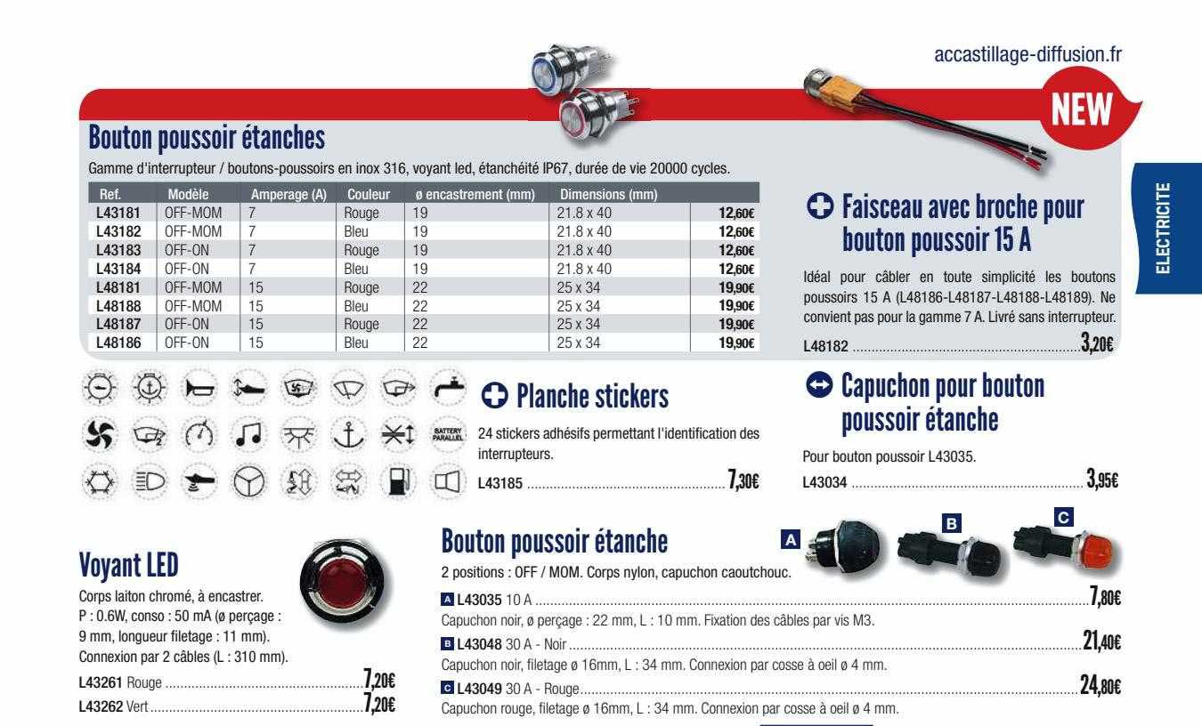 bouton poussoir étanches, voyant led, bouton poussoir étanche, faisceau avec broche pour bouton poussoir 15 a, capuchon pour bouton poussoir étanche