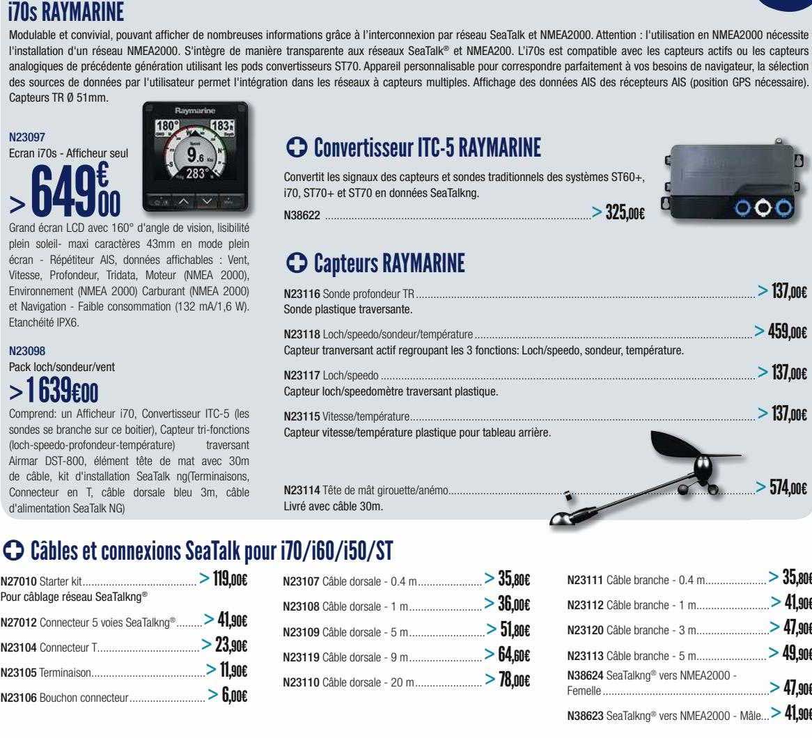 i70s raymarine, convertisseur itc-5 raymarine, capteurs raymarine, câbles et connexions seaTalk pour i70-i60-i50-st