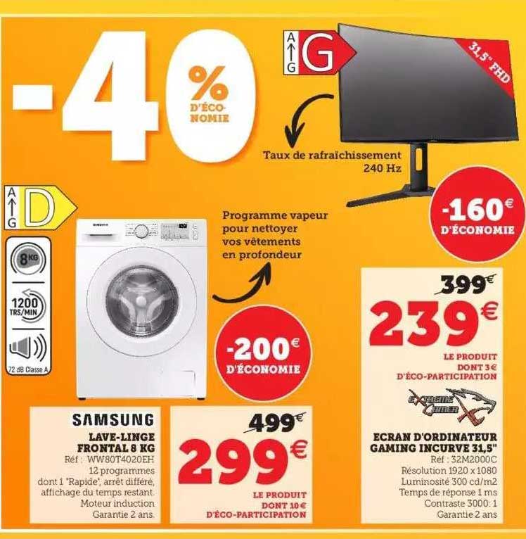 lave-linge frontal 8 kg, écran d'ordinateur gaming incurvé 31,5"