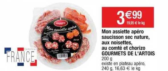 mon assiette apéro saucisson sec nature, aux noisettes, au comté et chorizo gourmets de l'artois