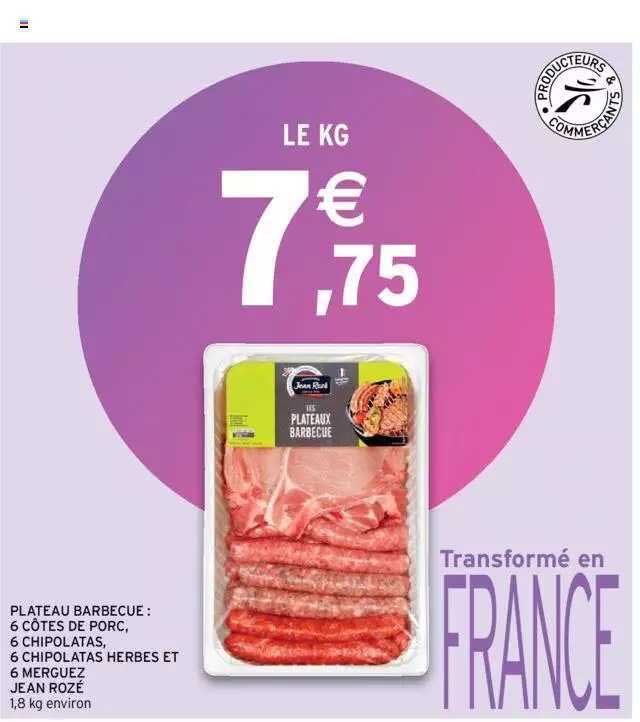 plateau barbecue : 6 côtes de porc, 6 chipolatas, 6 chipolatas herbes et 6 merguez jean rozé